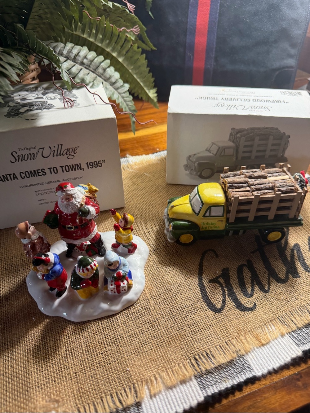 Snow Village 'Santa Comes to Town' Ceramic Figurine and Firewood delivery truck